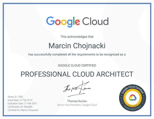 marcin chojnacki certyfikat professional google cloud architect